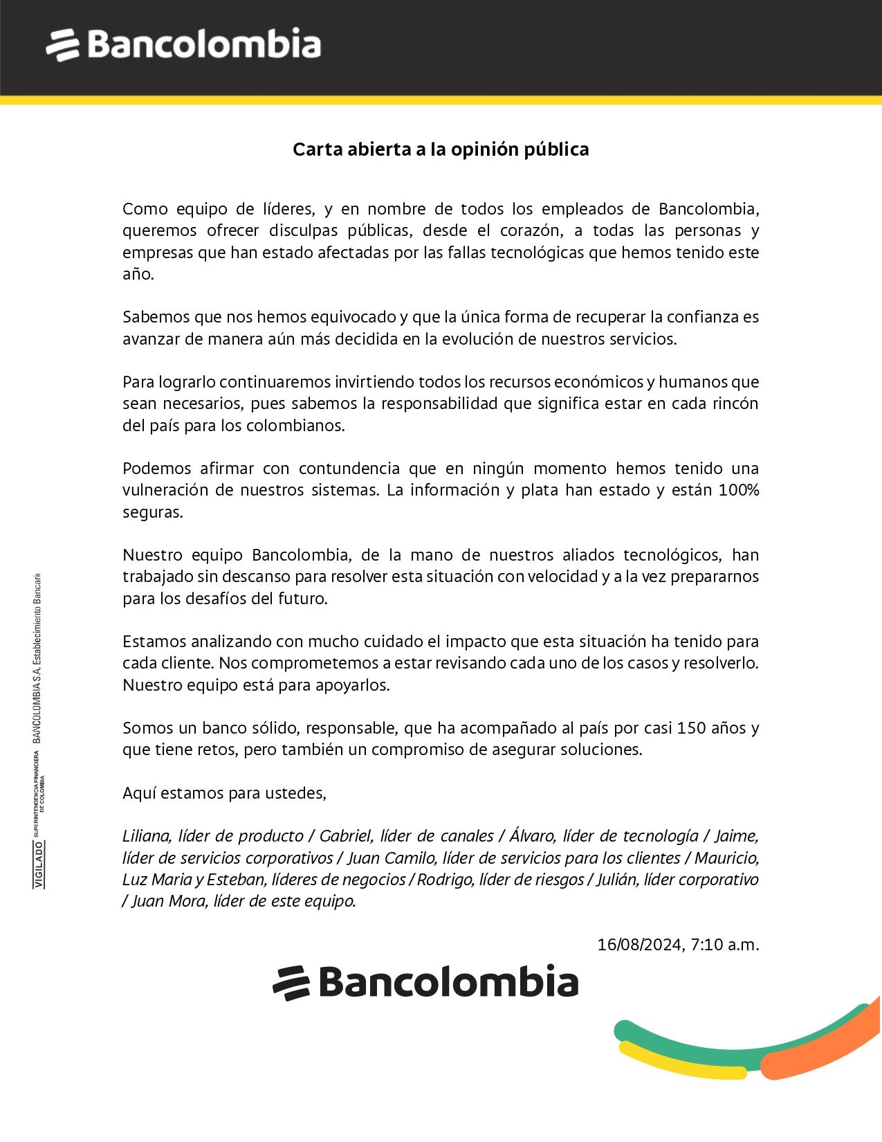 Comunicado de Bancolombia, este viernes 16 de agosto.