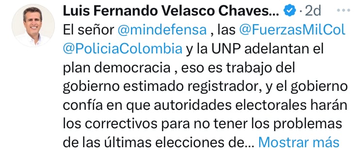El Gobierno a través del ministro del Interior, Luis Fernando Velasco desestimó la solicitud del registrador, tras señalar que existen instancias ya establecidas para el manejo del orden público frente a la seguridad del próximo debate electoral.