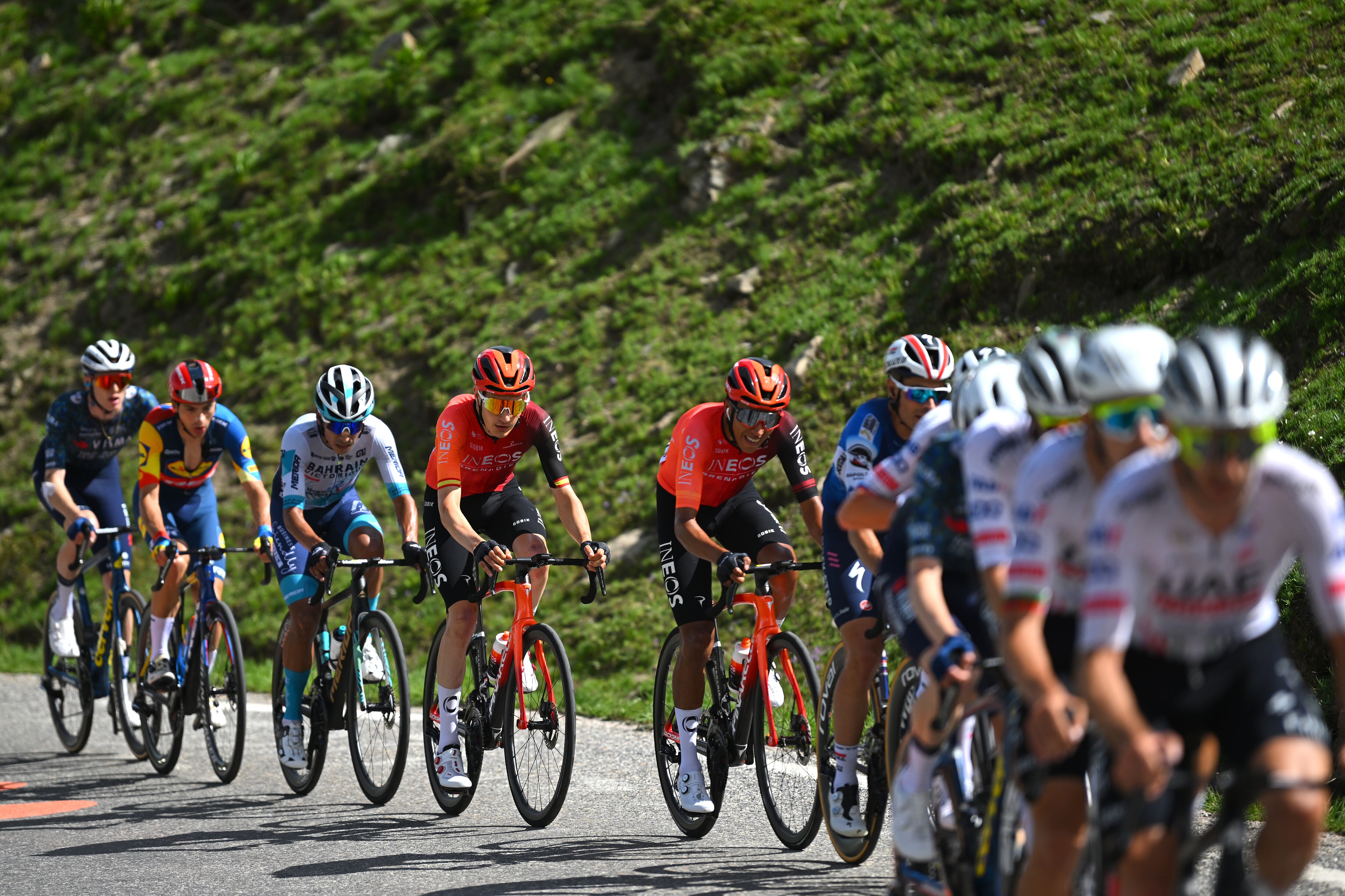 VALLOIRE, FRANCE - JULY 02: (L-R) Carlos Rodriguez of Spain and Egan Bernal of Colombia and Team INEOS Grenadiers compete during the 111th Tour de France 2024, Stage 4 a 139.4km stage from Pinerolo to Valloire / #UCIWT / on July 02, 2024 in Valloire, France. (Photo by Dario Belingheri/Getty Images)