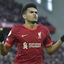 Liverpool's Luis Diaz celebrates after scoring his sides 3rd goal during the English Premier League soccer match between Liverpool and Norwich City and at Anfield stadium in Liverpool, England, Saturday, Feb. 19, 2022. (AP Photo/Rui Vieira)