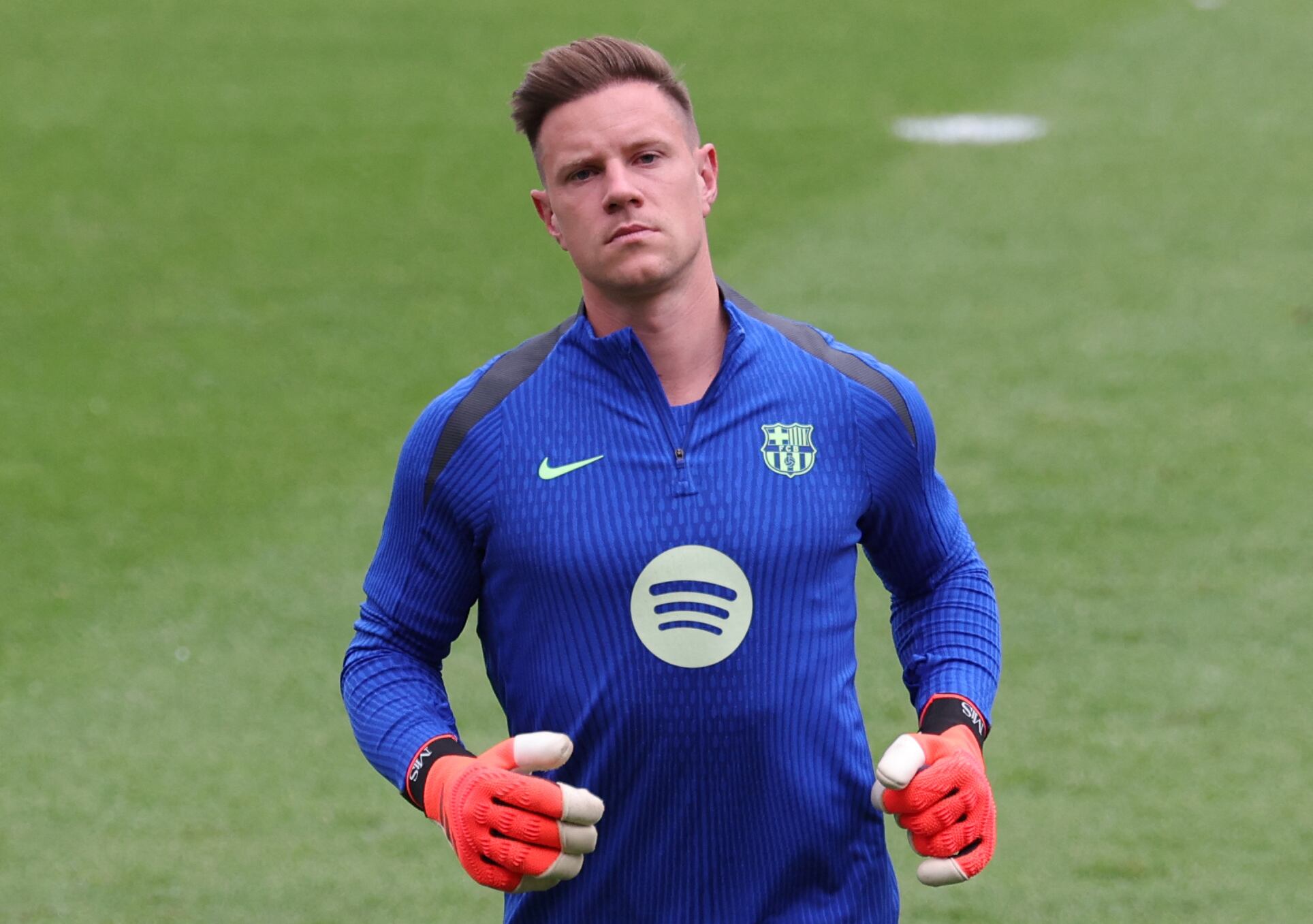Barcelona's German goalkeeper #01 Marc-Andre Ter Stegen takes part in a training session on the eve of the UEFA Champions League football match between AS Monaco and FC Barcelona at the Joan Gamper training ground in Sant Joan Despi, near Barcelona, on September 18, 2024. (Photo by LLUIS GENE / AFP)