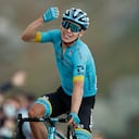 Team Astana rider Colombia's Miguel Angel Lopez celebrates as he crosses the finish line atop the Loze pass (Col de la Loze) at the end of the 17th stage of the 107th edition of the Tour de France cycling race, 170 km between Grenoble and Meribel, on September 16, 2020. (Photo by BENOIT TESSIER / POOL / AFP)