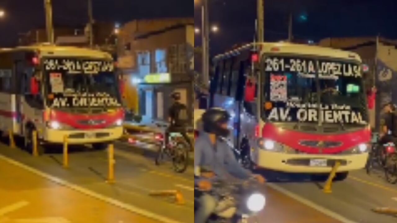 El conductor de bus invadió la ciclorruta, transitó por la mismo y dañó los separadores para regresar al carril de vehículos.