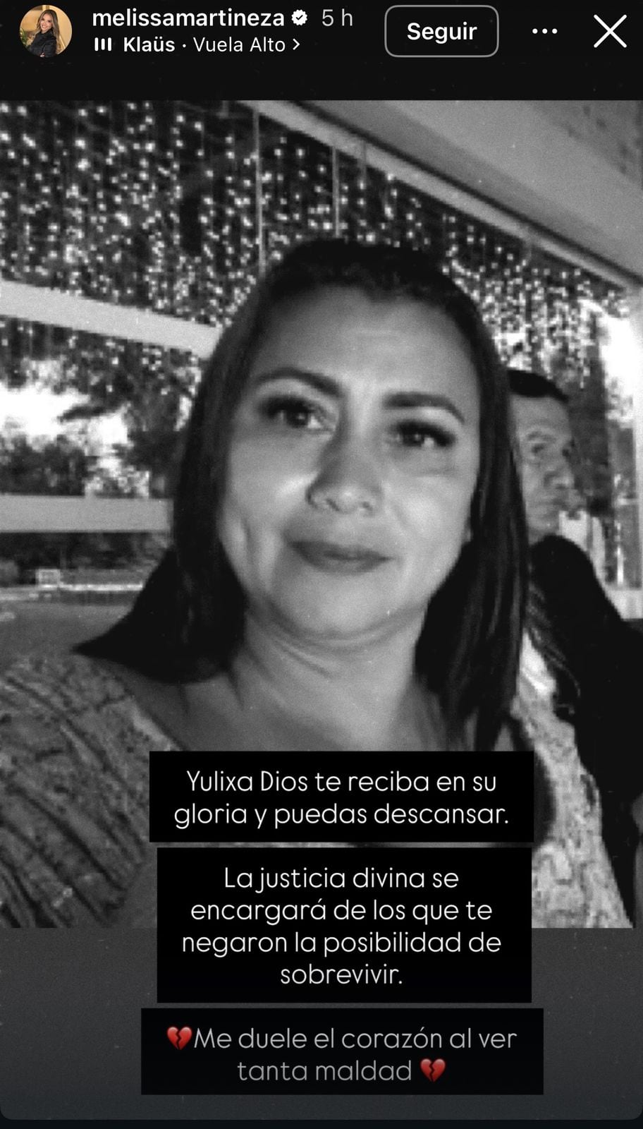 Melissa Martínez se mostró afectada tras la muerte de Yulixa Toloza.