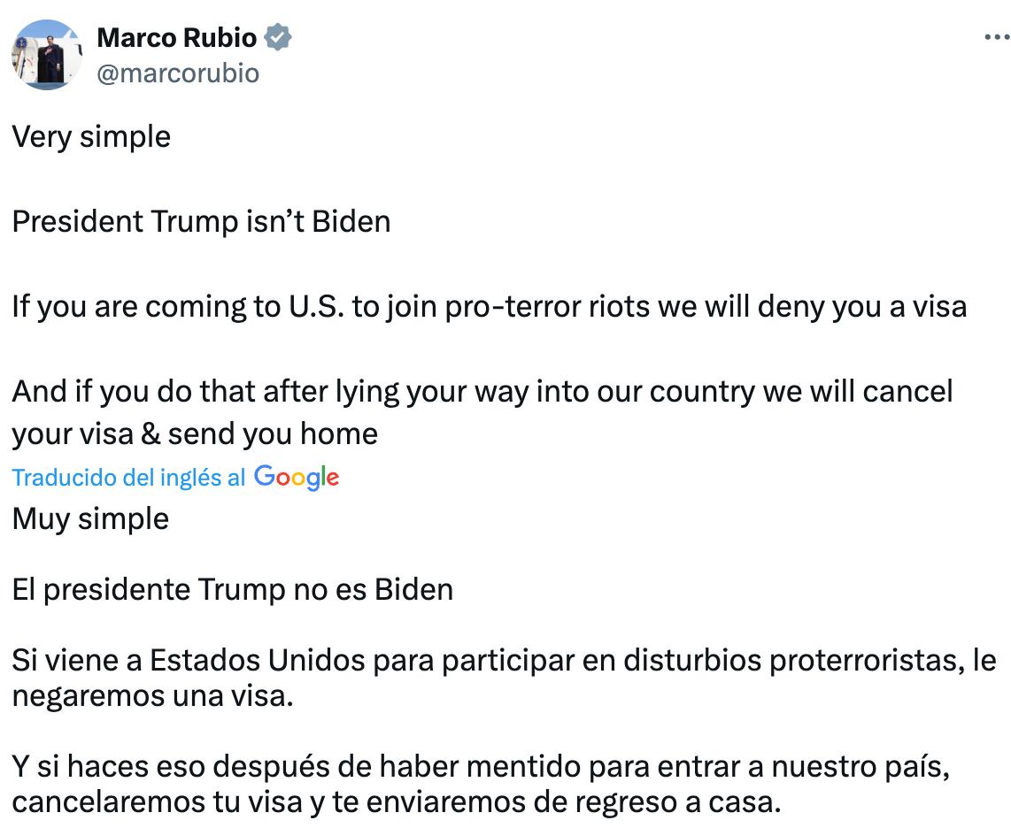 El mensaje de Rubio es una advertencia para viajeros y extranjeros que vivan dentro de Estados Unidos