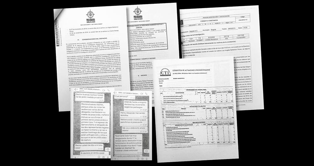 Operación Leyenda del Dorado, que terminó en una millonaria actuación de lavado de activos contra CIJ Gutiérrez. Derecha: autos, constancias, informes y chats que hacen parte de la investigación en la Procuraduría. 