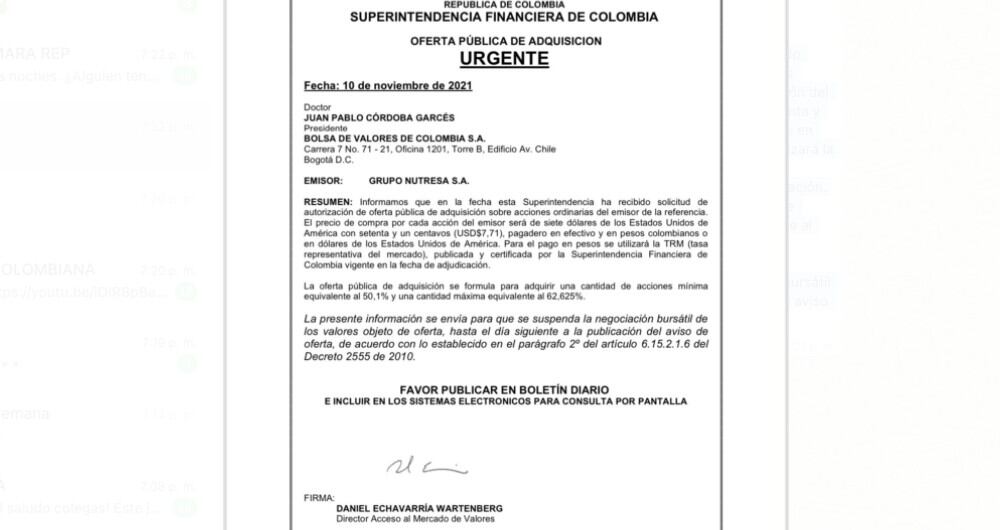 Decisión de la Superintendencia Financiera sobre Nutresa