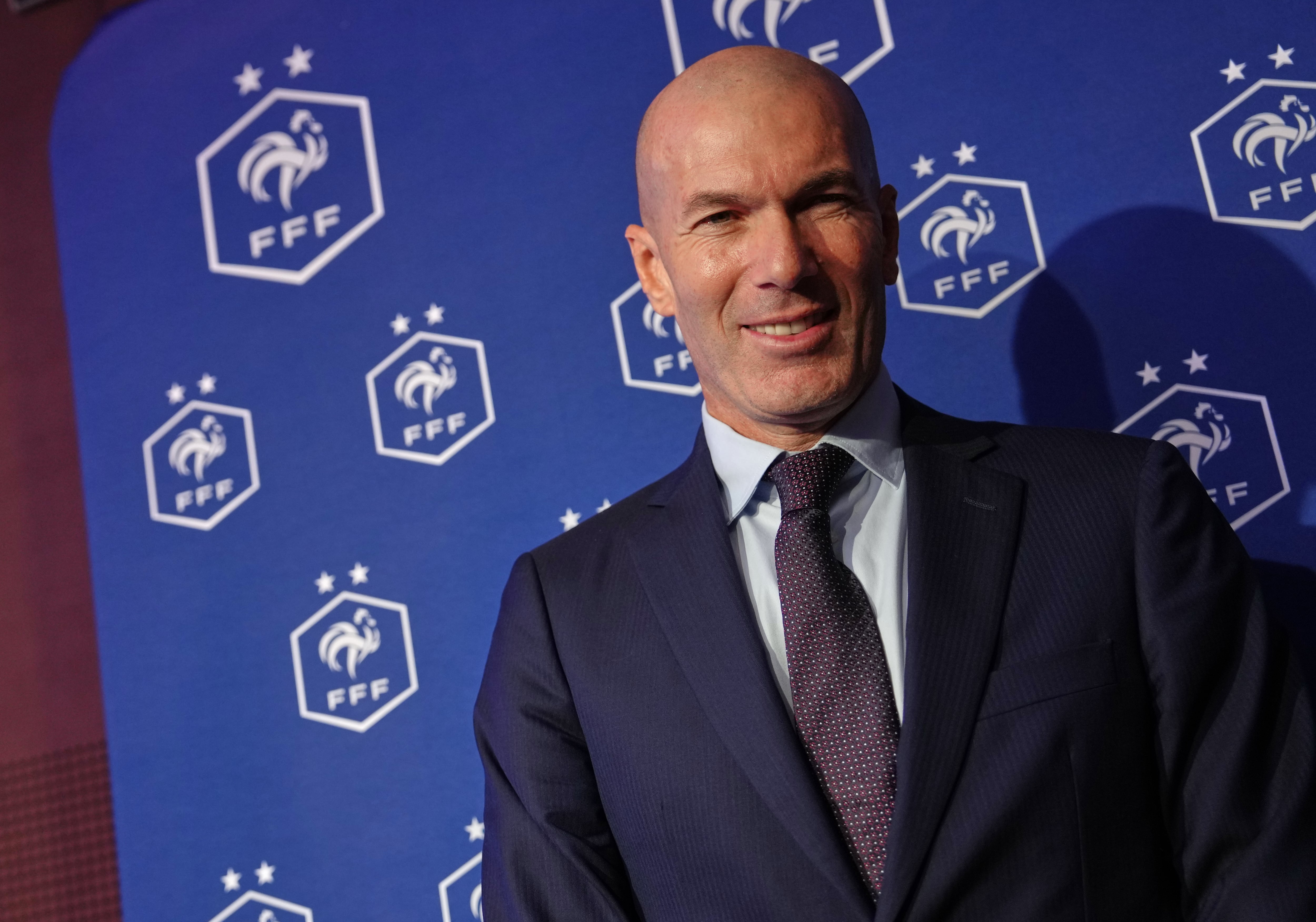 Zinedine Zidane, newly appointed coach of the France national soccer team, attends a media conference at the headquarters of French Football Federation headquarters in Paris, Tuesday, July 28, 2026. (AP Photo/Aurelien Morissard)