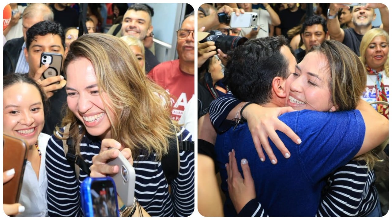La opositora Claudia Macero llegó este domingo al aeropuerto que sirve a Caracas, Venezuela.