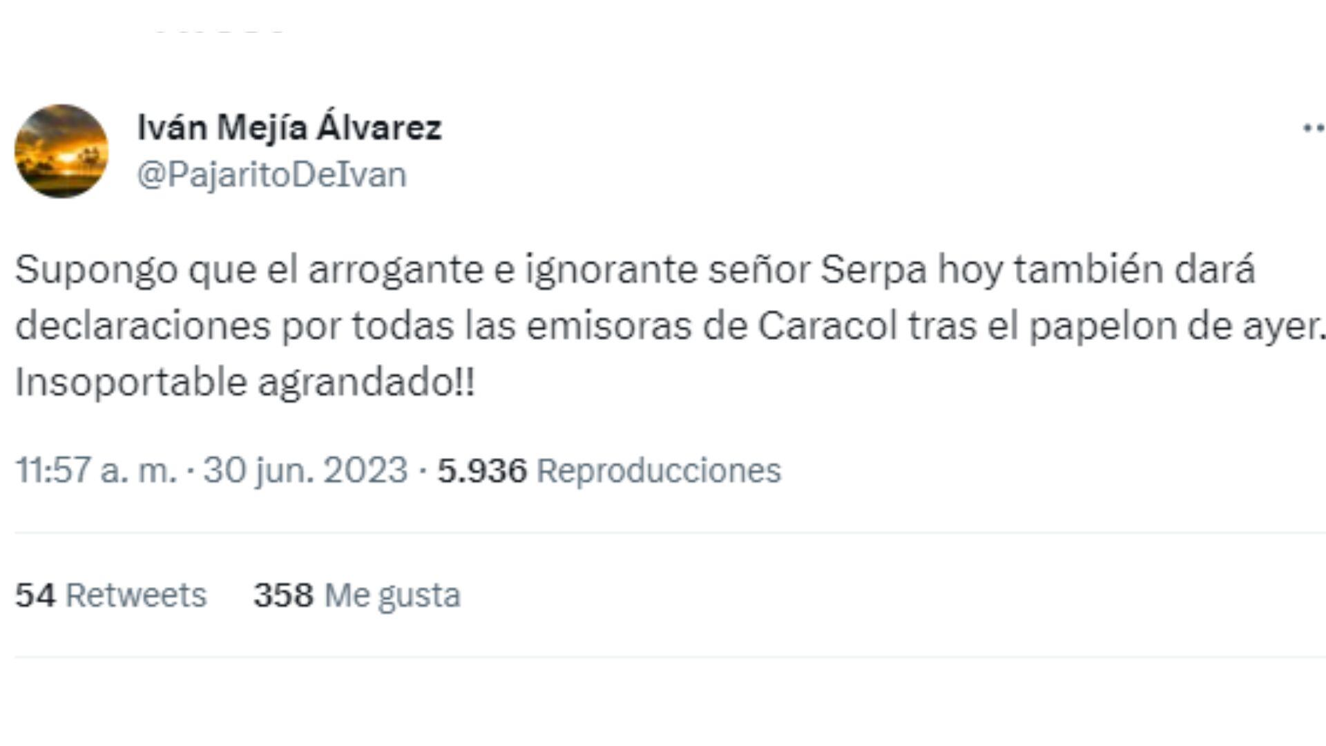Tweet de Iván Mejía Álvarez criticando al presidente de Millonarios