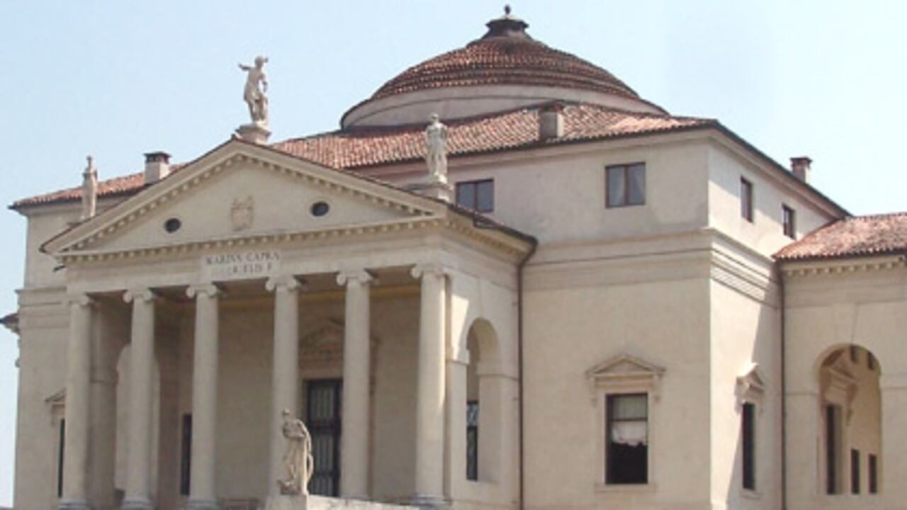 Villa Capra, más conocida como La Rotonda (1569); arriba, de izquierda a derecha: interior de Villa Capra, en Vicenza; grabado de Andrea Palladio; portada de ‘Los cuatro libros de arquitectura’