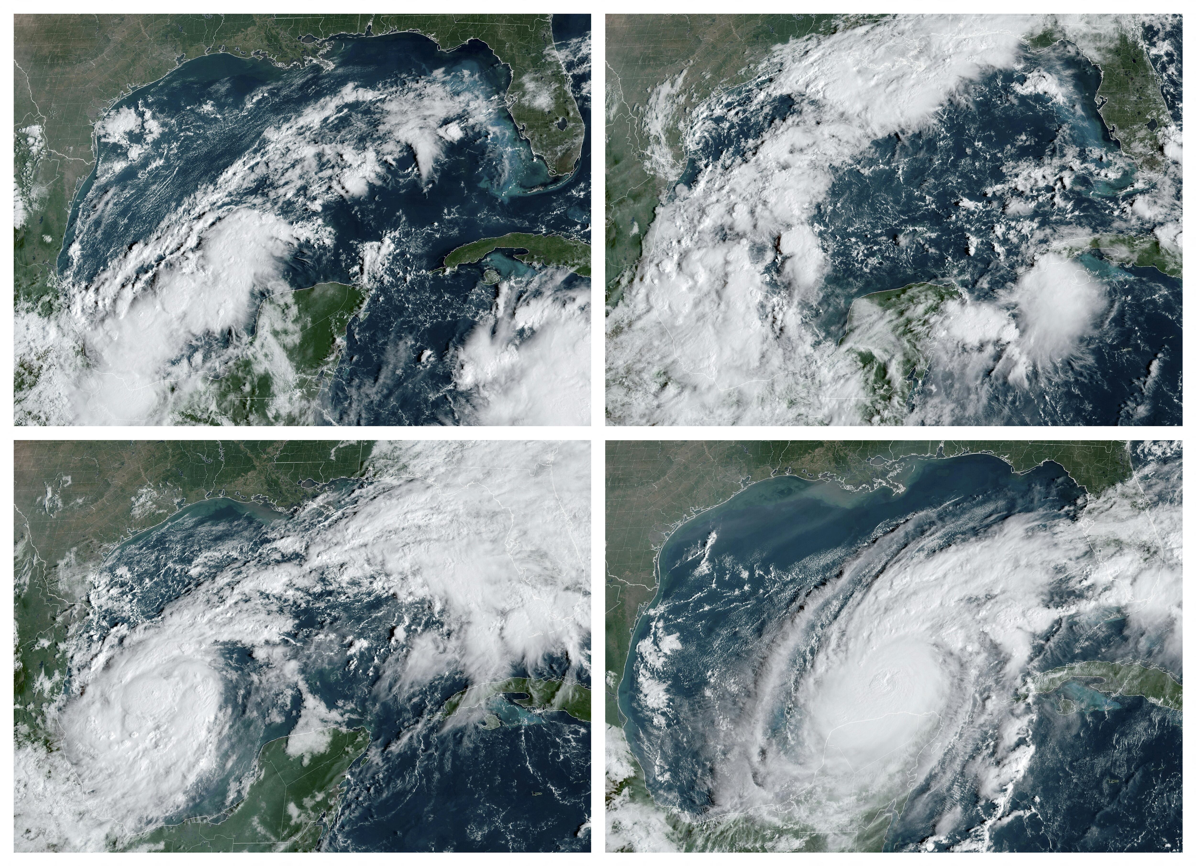 Esta combinación se creó el 8 de octubre de 2024, utilizando imágenes satelitales cortesía de la Administración Nacional Oceánica y Atmosférica (NOAA) y la Rama de Meteorología Regional y de Mesoescala (RAMMB) tomadas el 2 de octubre de 2024, a las 10:06 am EST (arriba a la izquierda). 4 de octubre de 2024 a las 10:03 a. m. EST (arriba a la derecha), 6 de octubre de 2024 a las 10:03 a. m. EST (abajo a la izquierda) y 8 de octubre de 2024 a las 10:03 a. m. EST muestra la formación del huracán Milton sobre el Golfo de México.