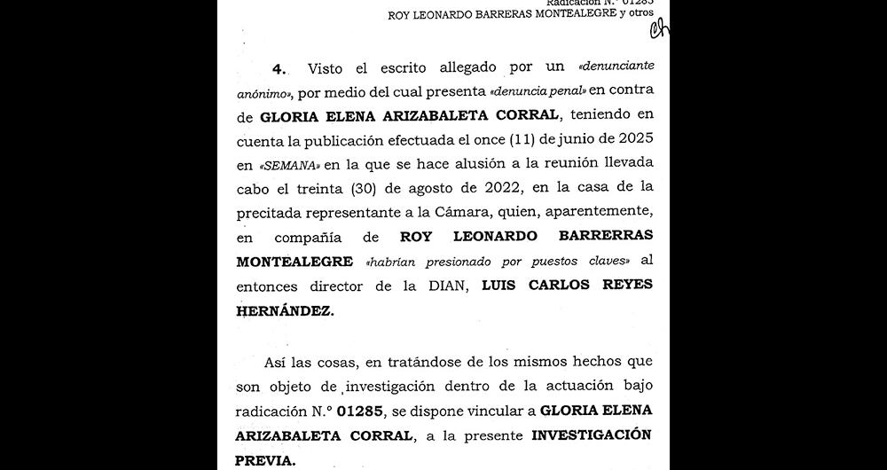 Denuncia donde enuncian la presencia de Roy Barreras y Gloria Elena Arizabaleta junto a Luis Carlos Reyes.