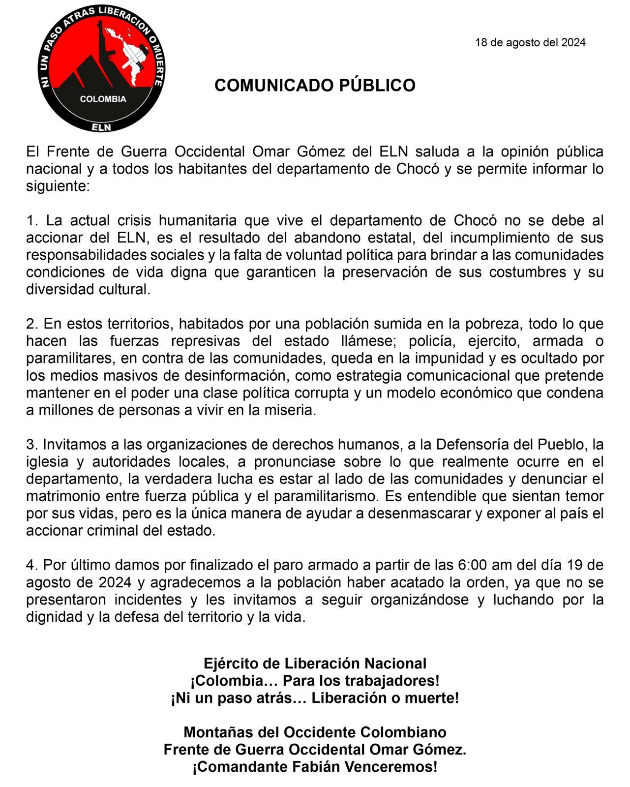 Comunicado del ELN sobre el paro armado en el departamento del Chocó.