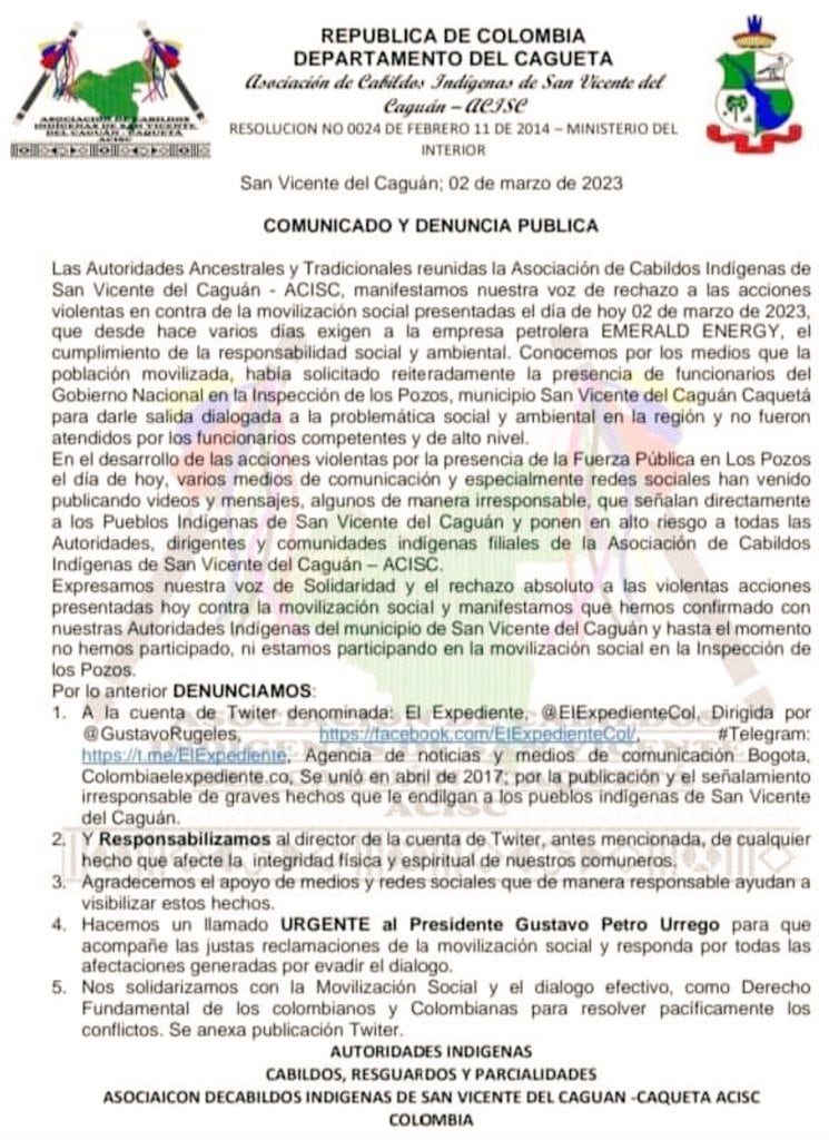 Comunicado indígenas Caquetá.
