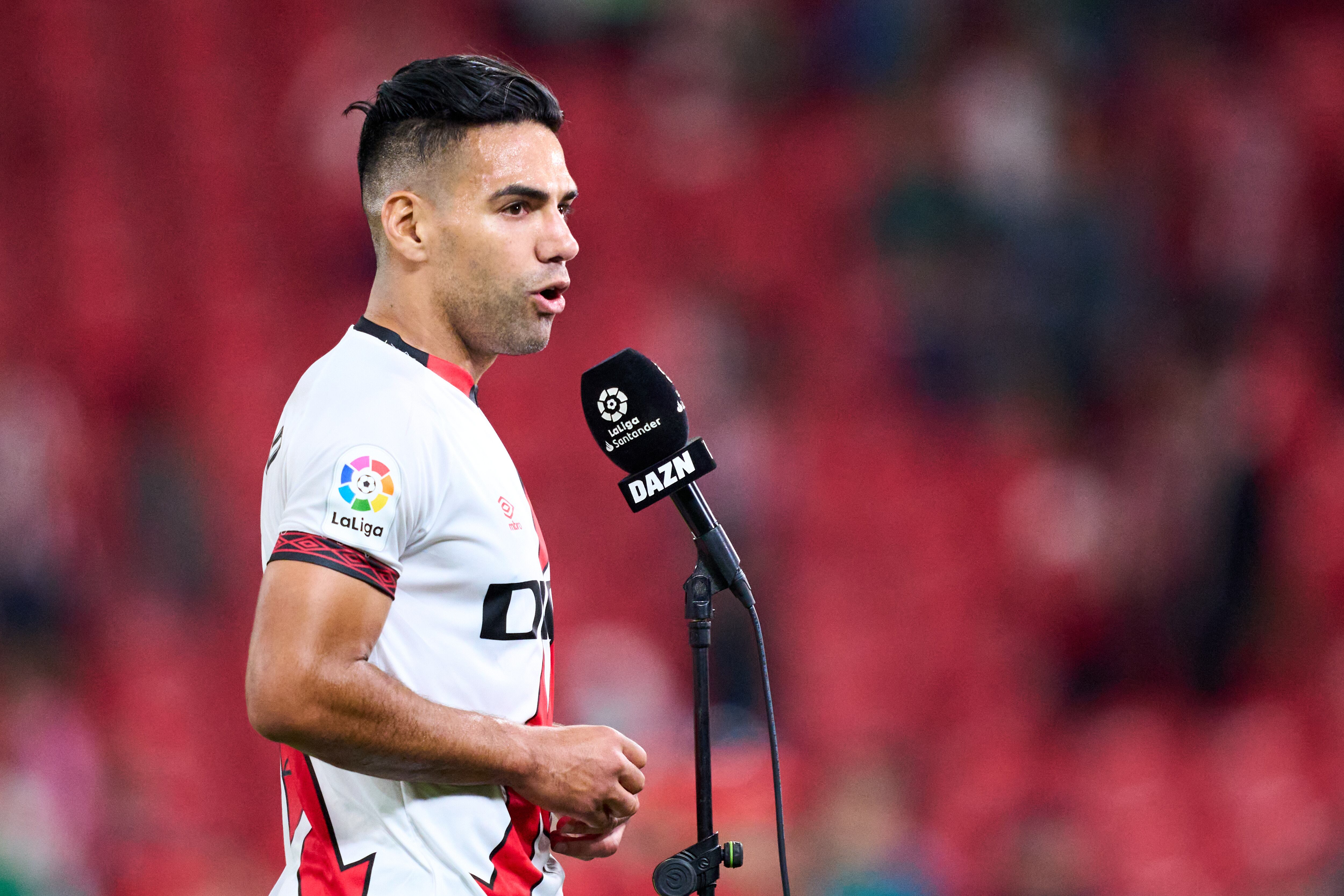 BILBAO, SPAIN - SEPTEMBER 17: Radamel Falcao of Rayo Vallecano is interviewed by the media after to the LaLiga Santander match between Athletic Club and Rayo Vallecano at San Mames Stadium on September 17, 2022 in Bilbao, Spain. (Photo by Juan Manuel Serrano Arce/Getty Images)