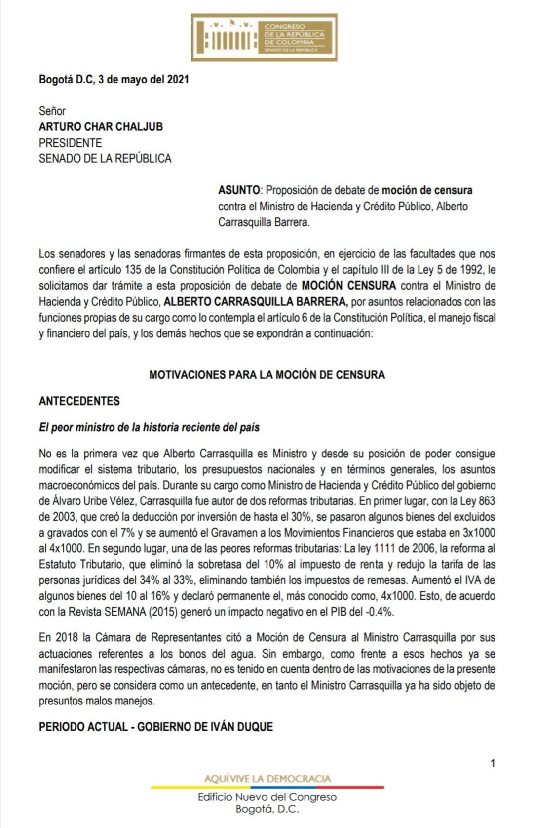 Moción de Censura al ministro Alberto Carrasquilla