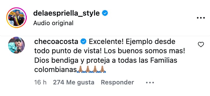 Checo Acosta envió mensaje de admiración a Abelardo De La Espriella tras publicar video con su hija.