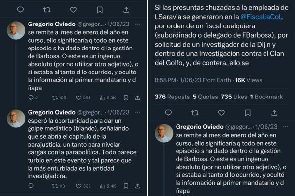 Publicaciones realizadas en X por Gregorio Oviedo.