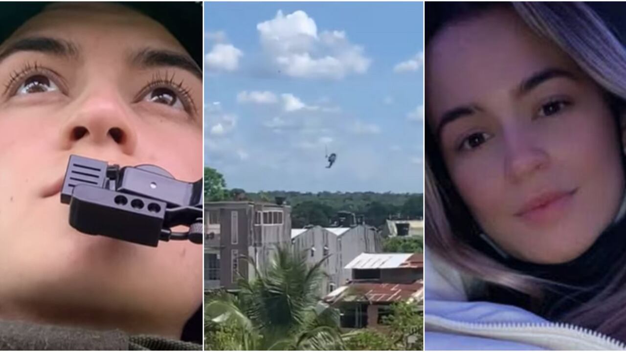 La teniente fallecida Julieth García en su fase como piloto y como civil, respectivamente. En el centro, el helicóptero siniestrado