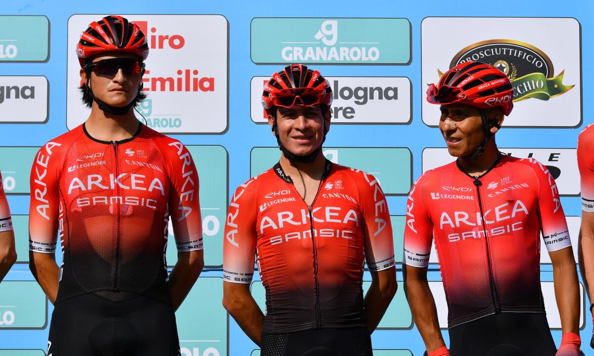 BOLOGNA-SAN LUCA, ITALY - OCTOBER 02: (L-R) Winner Anrew Anacona of Colombia, Dayer Uberney Quintana Rojas of Colombia and Nairo Alexander Quintana Rojas of Colombia and Team Arkéa - Samsic during the team presentation prior to the 104th Giro Dell'Emilia 2021 a 195,3km race from Casalecchio di Reno to San Luca 267m / @gsemilia / on October 02, 2021 in San Luca, Italy. (Photo by Getty Images/Dario Belingheri)