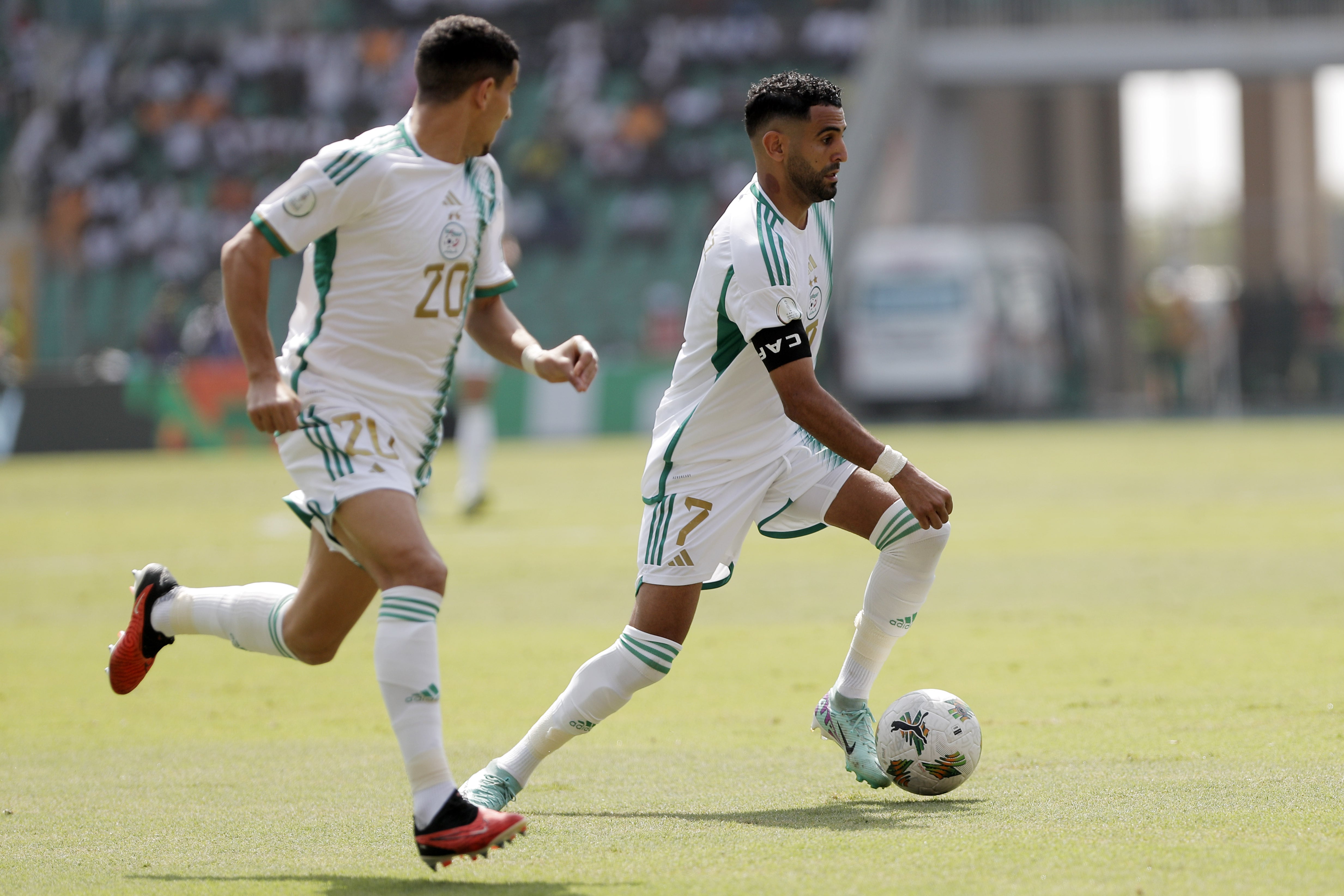 Riyad Karim Mahrez is playing during the 2024 Africa Cup of Nations (CAN) Group D football match between Algeria and Burkina Faso at the Stade de la Paix in Bouake, Ivory Coast, on January 20, 2024. (Photo by APP/NurPhoto via Getty Images)