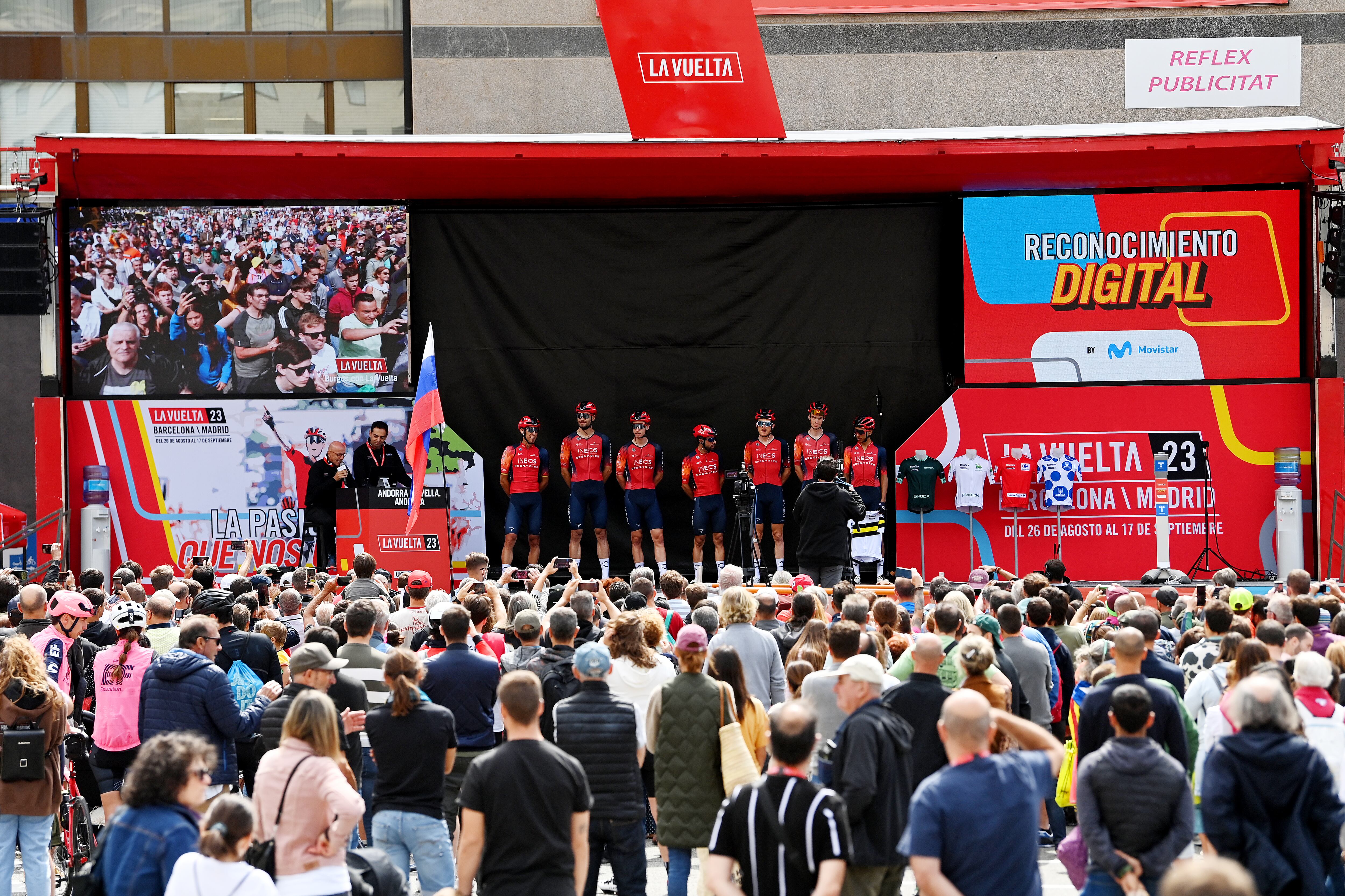 ANDORRA-LA-BELLA, SPAIN - AUGUST 29: A general view of Laurens De Plus of Belgium, Geraint Thomas of The United Kingdom, Filippo Ganna of Italy, Thymen Arensman of The Netherlands, Egan Bernal of Colombia, Jonathan Castroviejo of Spain, Omar Fraile of Spain, Kim Heiduk of Germany and Team INEOS Grenadiers prior to the 78th Tour of Spain 2023, Stage 4 a 184.6km stage from Andorra la Vella to Tarragona / #UCIWT / on August 29, 2023 in Andorra la Vella, Spain. (Photo by Tim de Waele/Getty Images)
