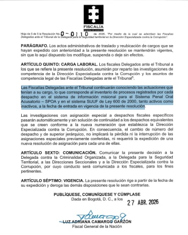 Resolución de la Fiscalía para el traslado de fiscales delegados ante los tribunales.