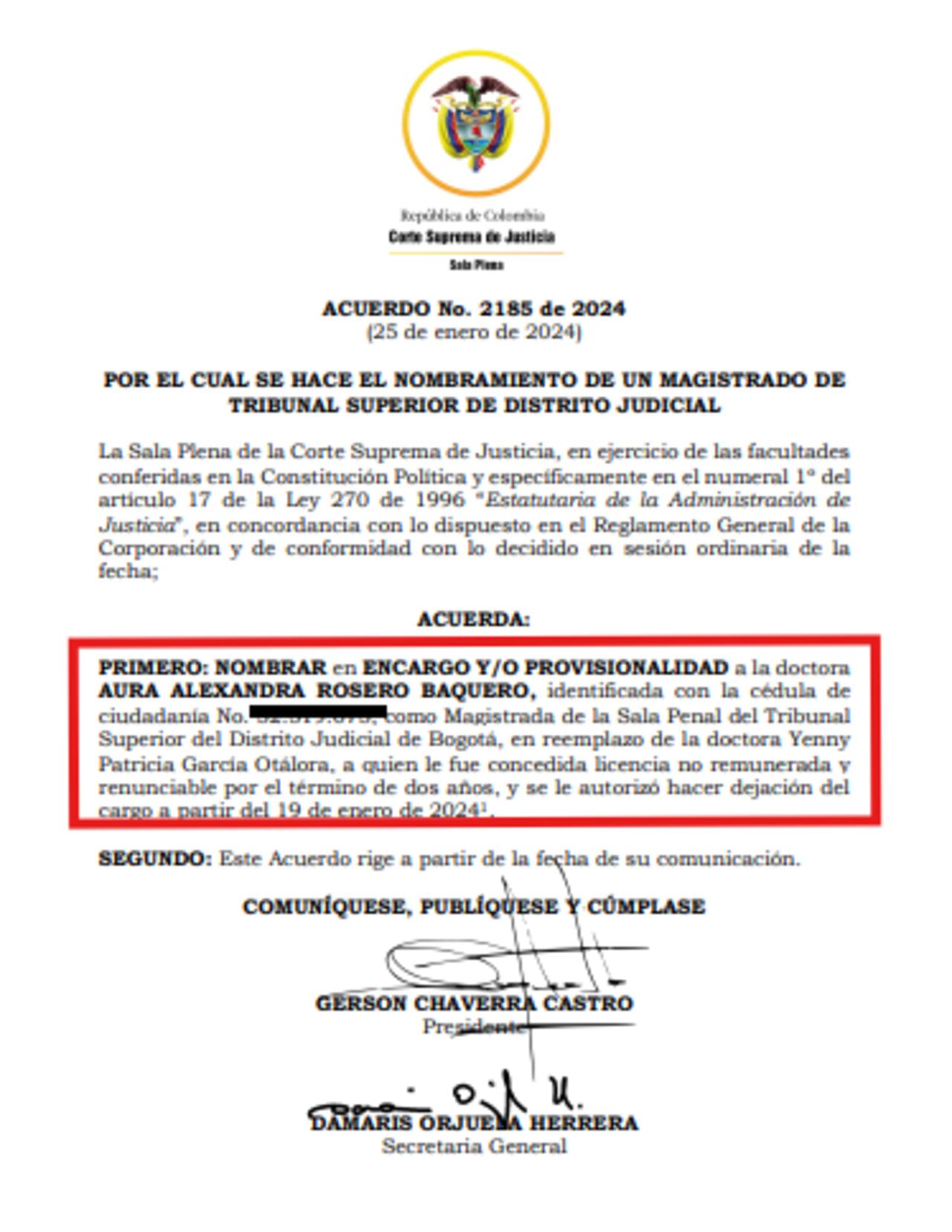 Encargo de Aura Alexandra Rosero, como magistrada del Tribunal Superior de Bogotá.
