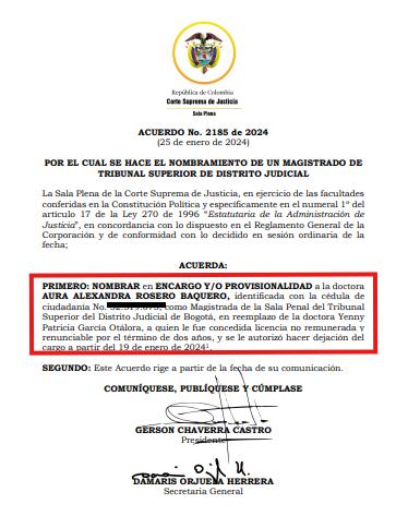 Encargo de Aura Alexandra Rosero, como magistrada del Tribunal Superior de Bogotá.