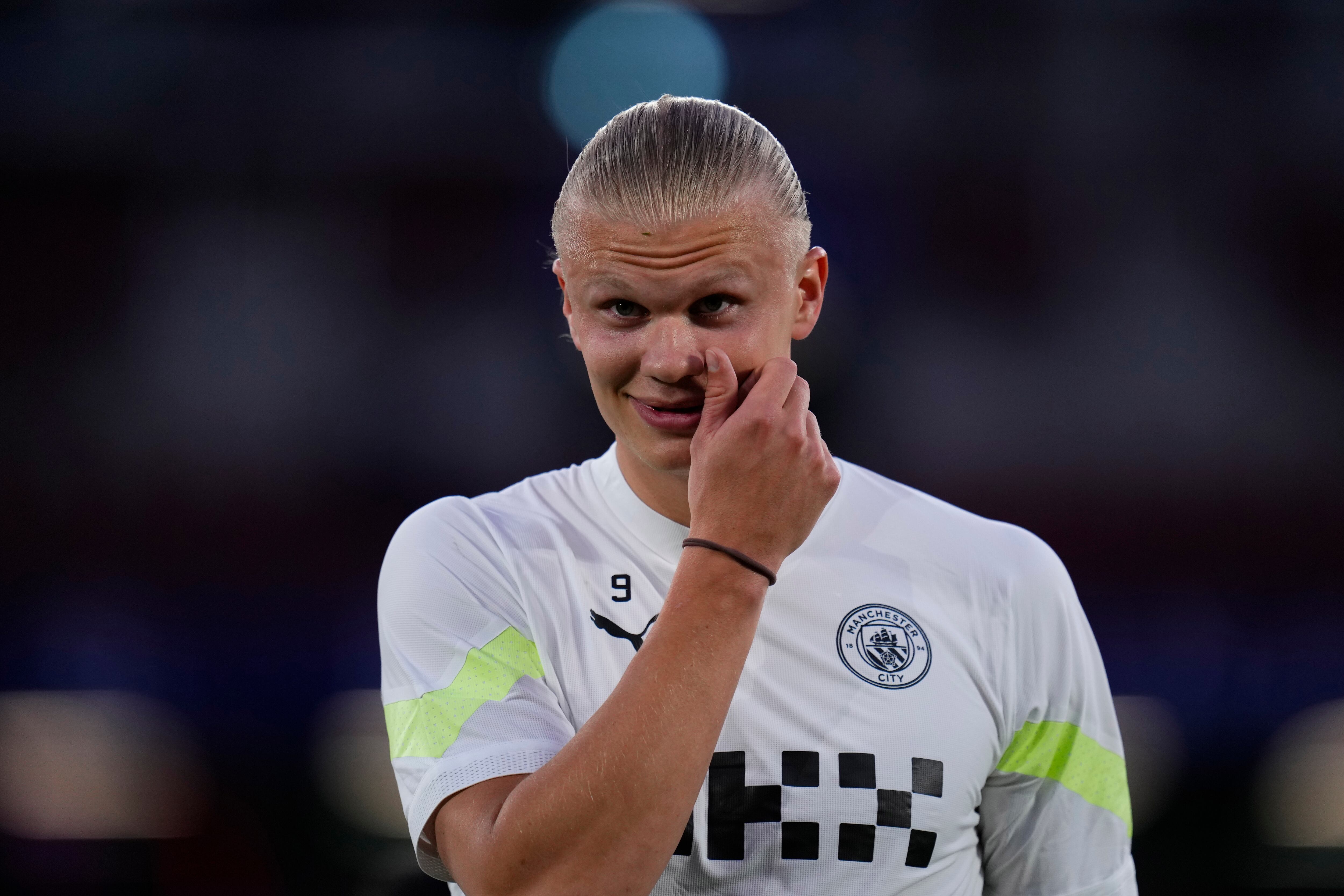 Manchester City's Erling Haaland gestures during a training session at the Ataturk Olympic Stadium in Istanbul, Turkey, Friday, June 9, 2023. Manchester City and Inter Milan are making their final preparations ahead of their clash in the Champions League final on Saturday night. (AP Photo/Manu Fernandez)