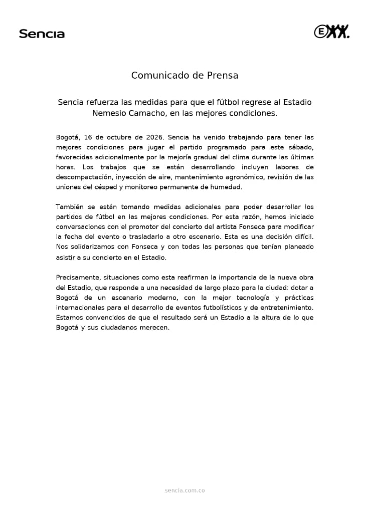 Sencia emitió un nuevo comunicado este viernes 16 de octubre