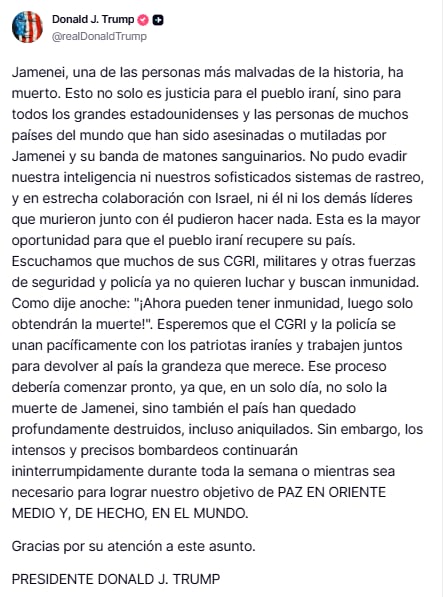 Mensaje de Donald Trump sobre el líder iraní Alí Jamenei en su cuenta de Truth Social.