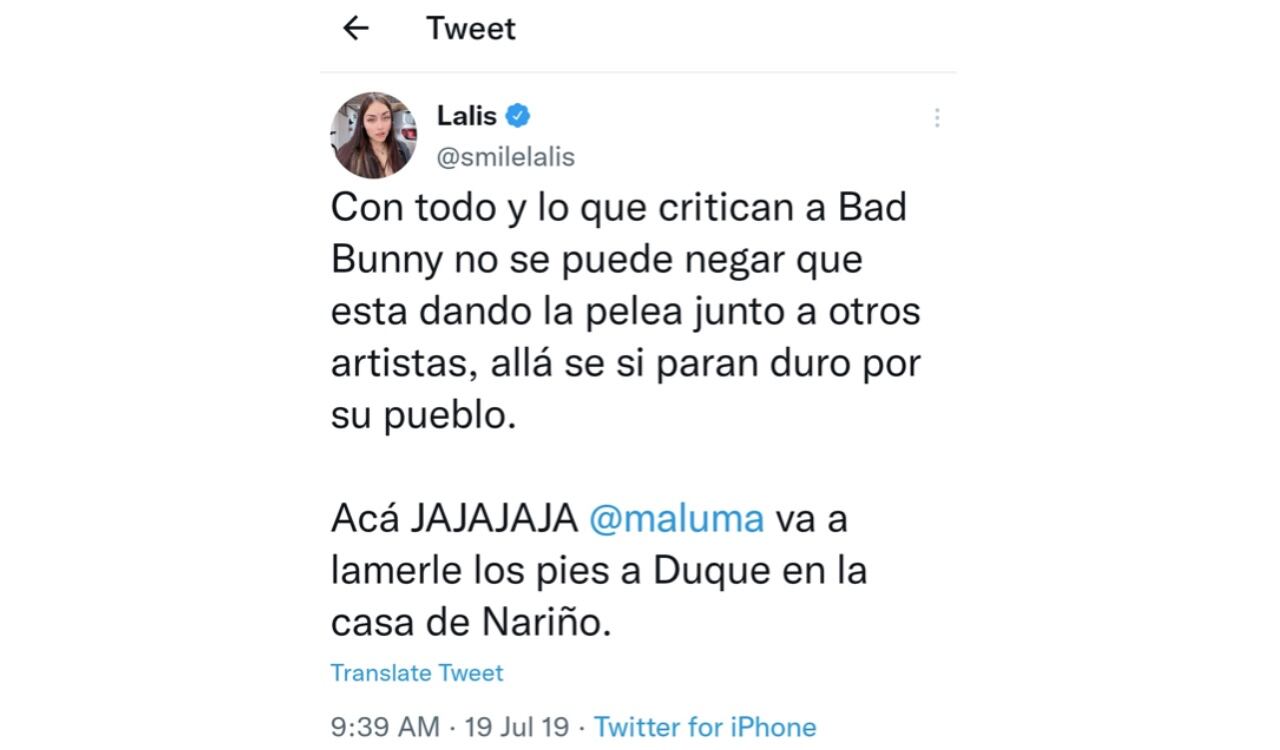 Este es el trino por el que también llaman incoherente a Lalis en redes sociales