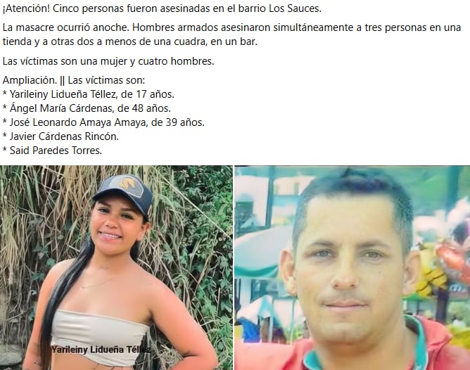El ataque ocurrió en el barrio Los Sauces, donde hombres armados irrumpieron en dos locales comerciales y abrieron fuego contra quienes se encontraban allí.