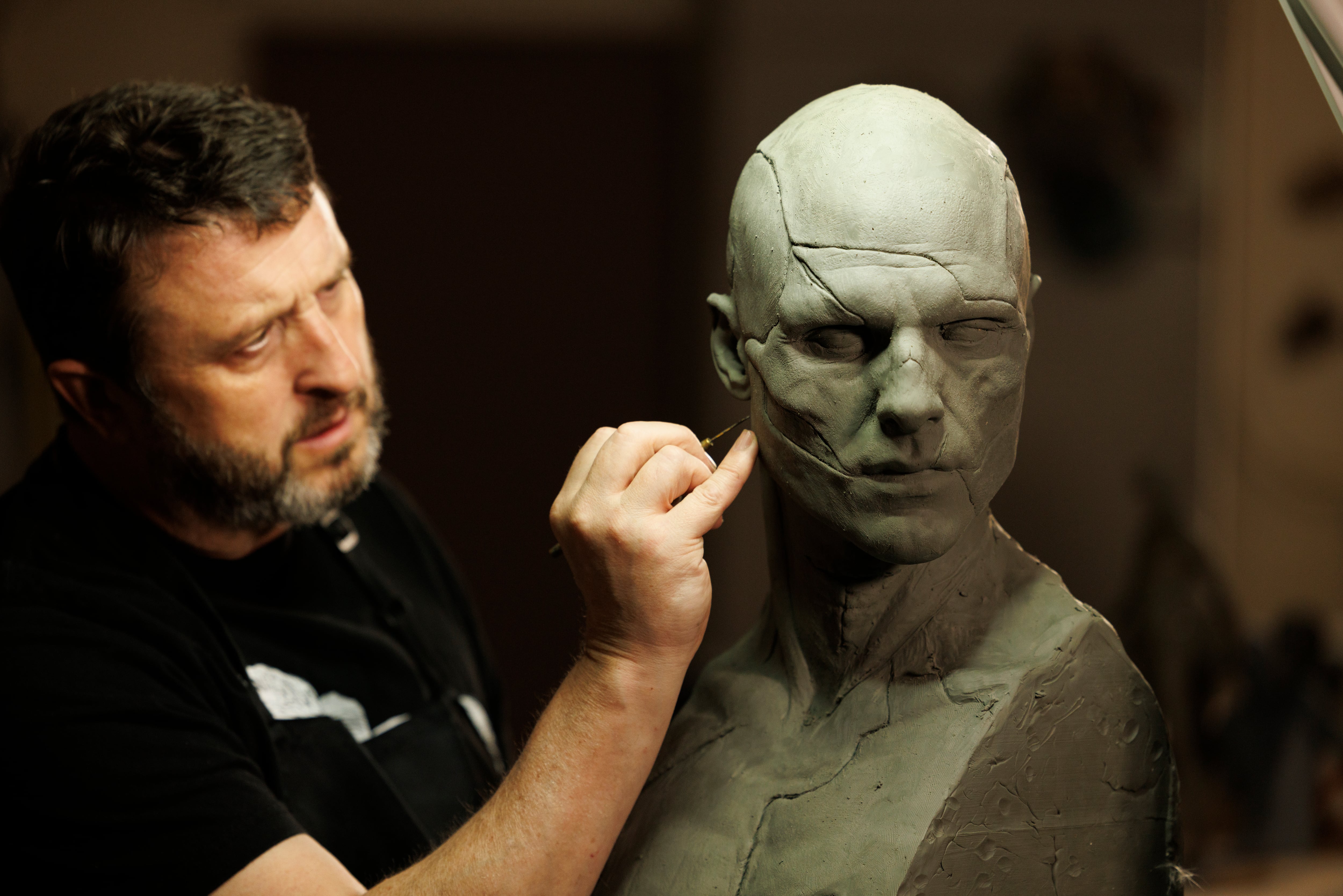 FRANKENSTEIN. Prosthetic Makeup Effects Dept. Head Mike Hill creating The Creature for Frankenstein. Cr. John P. Johnson/Netflix © 2025.