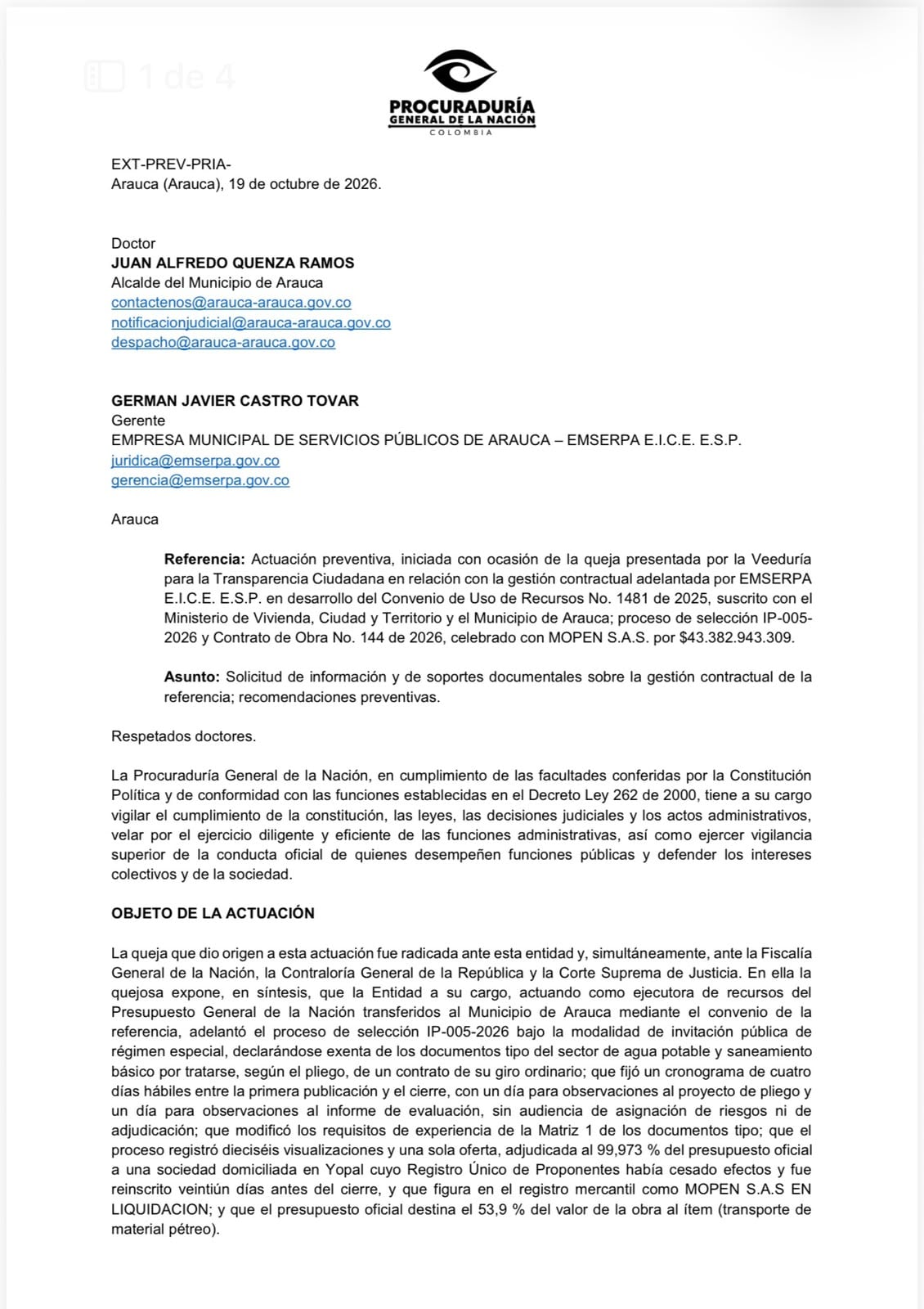 Documento de la Procuraduría General.