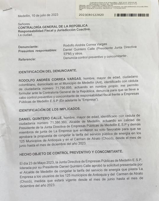 Denuncia radicada en la Contraloría General de la República.