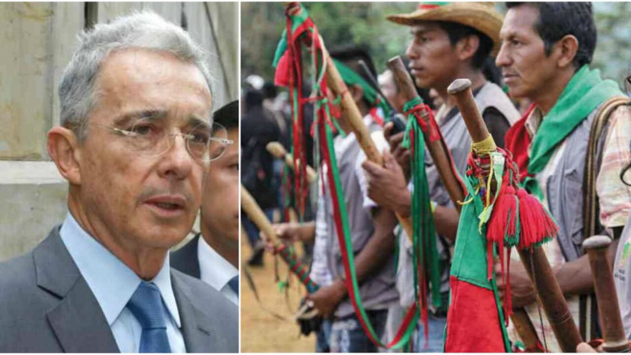 A la izquierda, el expresidente Álvaro Uribe. A la derecha la guardia indígena