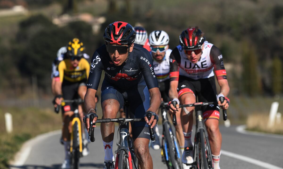 SIENA, ITALY - MARCH 06: Egan Arley Bernal Gomez of Colombia and Team INEOS Grenadiers & Tadej Pogacar of Slovenia and UAE Team Emirates during the Eroica - 15th Strade Bianche 2021, Men's Elite a 184km race from Siena to Siena - Piazza del Campo / Breakaway / #StradeBianche / on March 06, 2021 in Siena, Italy. (Photo by Getty Images/Tim de Waele)