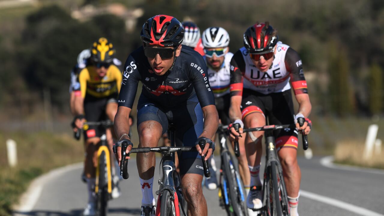 SIENA, ITALY - MARCH 06: Egan Arley Bernal Gomez of Colombia and Team INEOS Grenadiers & Tadej Pogacar of Slovenia and UAE Team Emirates during the Eroica - 15th Strade Bianche 2021, Men's Elite a 184km race from Siena to Siena - Piazza del Campo / Breakaway / #StradeBianche / on March 06, 2021 in Siena, Italy. (Photo by Getty Images/Tim de Waele)