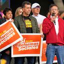President Gustavo Petro addresses supporters during a rally he called to back his labor and health reform proposals, which have struggled to gain legislative approval, outside Congress in Bogotá, Colombia, Tuesday, March 18, 2025. (AP Photo/Fernando Vergara)