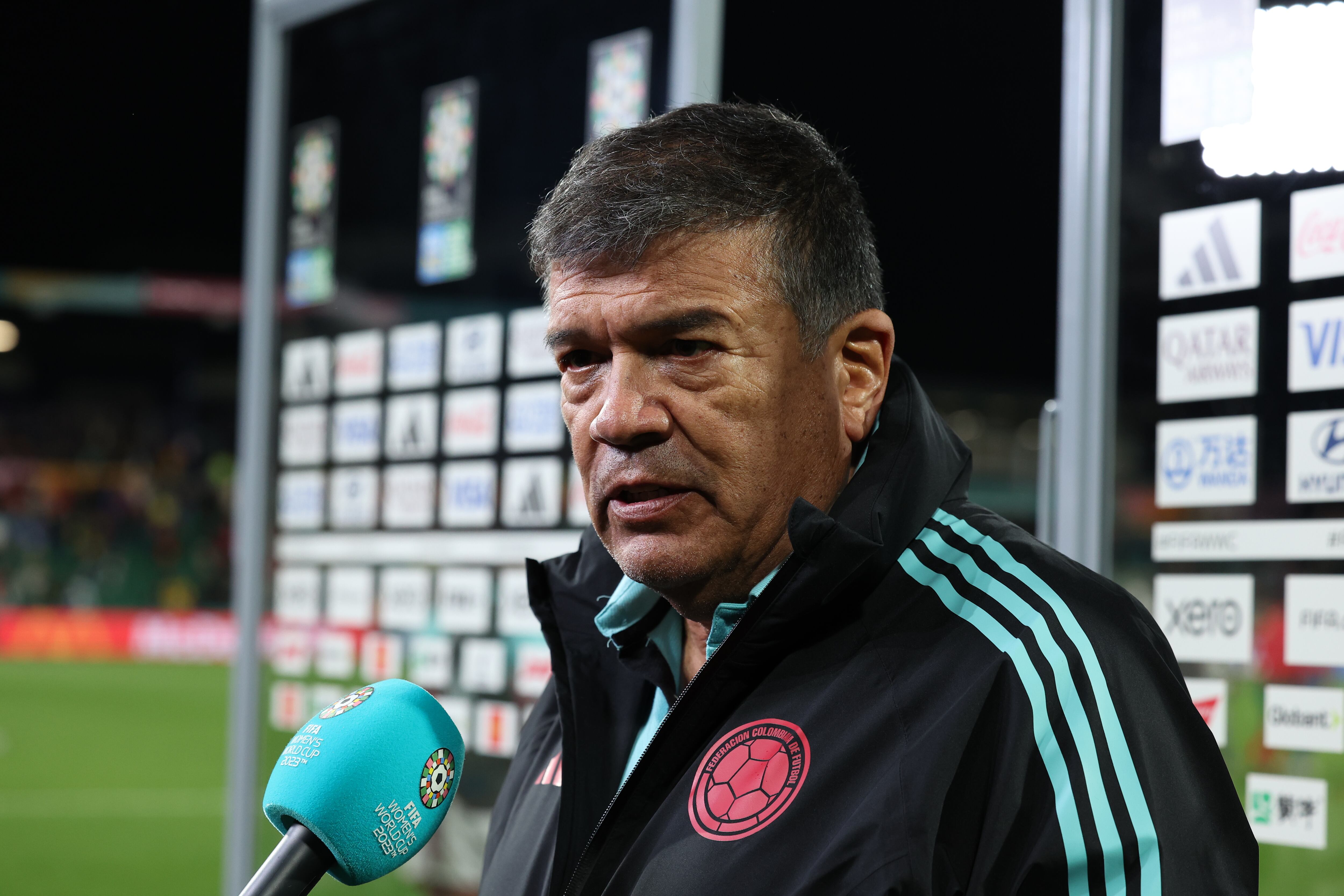 PERTH, AUSTRALIA - AUGUST 03: Nelson Abadia, Head Coach of Colombia, speaks at the flash interview after the FIFA Women's World Cup Australia & New Zealand 2023 Group H match between Morocco and Colombia at Perth Rectangular Stadium on August 03, 2023 in Perth, Australia. (Photo by Will Russell - FIFA/FIFA via Getty Images)