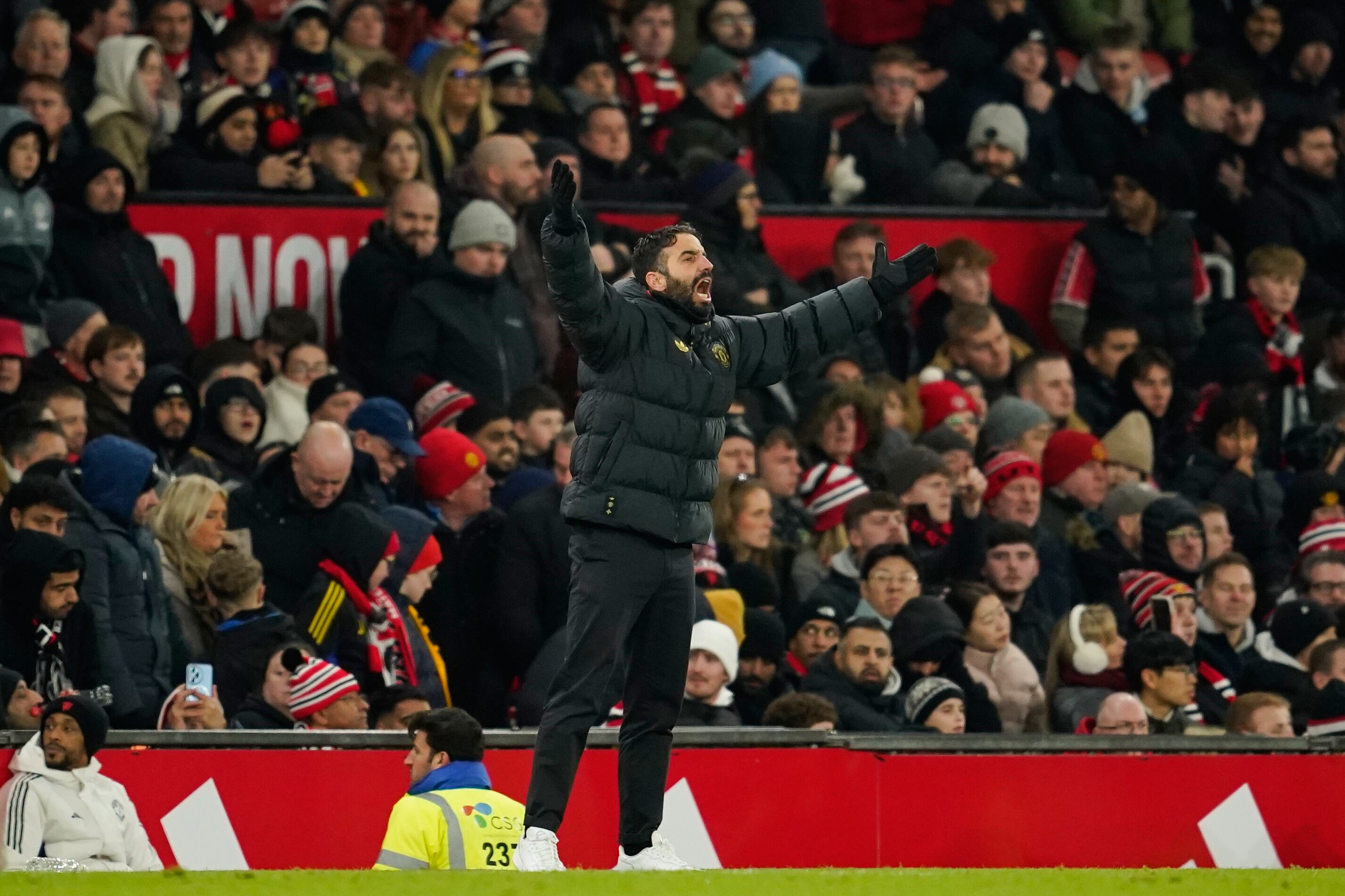 Manchester United's head coach Ruben Amorim reacts during the English Premier League soccer match between Manchester United and Wolverhampton Wanderers in Manchester, England, Tuesday, Dec. 30, 2025. (AP Photo/Dave Thompson)