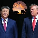 Presidente Donald Trump, su homólogo Xi Jinping y armas de Estados Unidos.