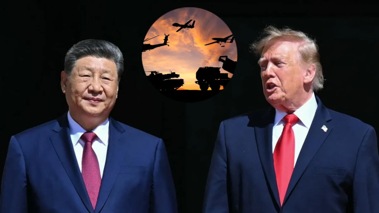 Presidente Donald Trump, su homólogo Xi Jinping y armas de Estados Unidos.