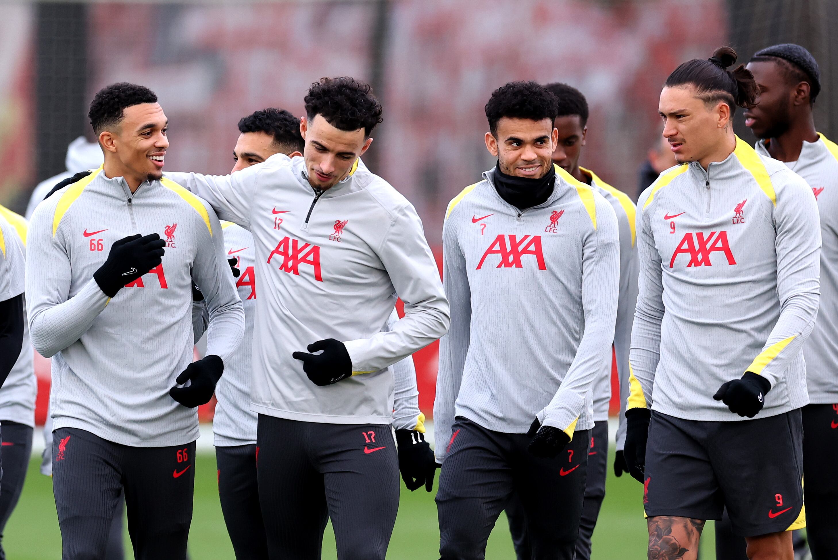 LIVERPOOL, ENGLAND - DECEMBER 09: Trent Alexander-Arnold, Curtis Jones, Luis Diaz and Darwin Nunez of Liverpool during the UEFA Champions League 2024/25 League Phase MD6 training session at AXA Melwood Training Centre on December 09, 2024 in Liverpool, England. (Photo by Alex Livesey/Getty Images)