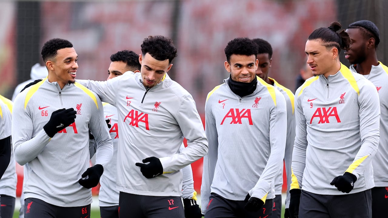 LIVERPOOL, ENGLAND - DECEMBER 09: Trent Alexander-Arnold, Curtis Jones, Luis Diaz and Darwin Nunez of Liverpool during the UEFA Champions League 2024/25 League Phase MD6 training session at AXA Melwood Training Centre on December 09, 2024 in Liverpool, England. (Photo by Alex Livesey/Getty Images)