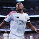 Real Madrid's Kylian Mbappe celebrates after scoring his sides third goal during the La Liga soccer match between Real Madrid and Malaga in Madrid, Spain, Sunday, Aug. 30, 2026. (AP Photo/Manu Fernandez)