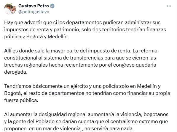 El presidente Gustavo Petro criticó el referendo de autonomía fiscal promovido por el gobernador de Antioquia, Andrés Julián Rendón.